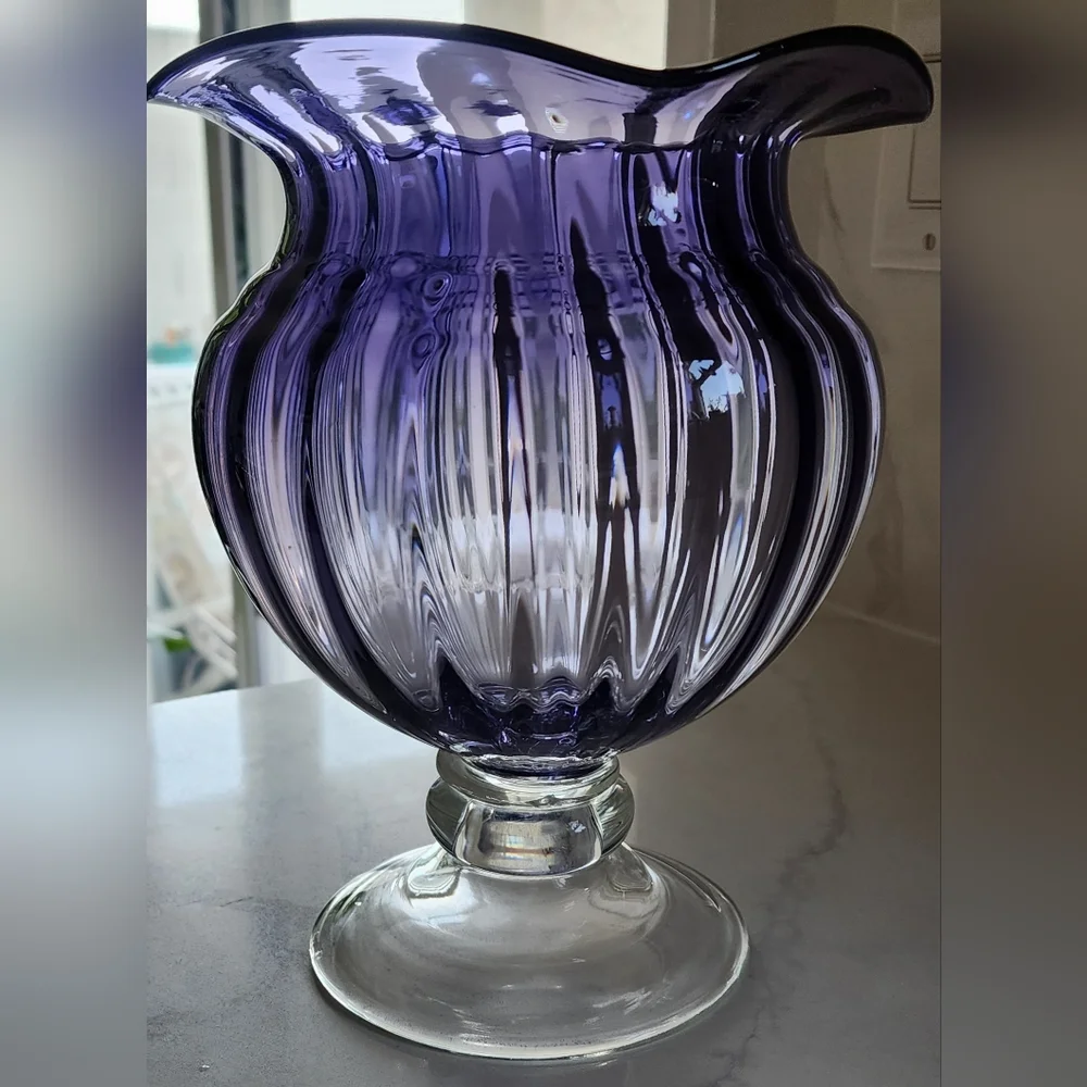 Retro MCM‎ Large Purple Art Glass Ruffle Fluted Vase
